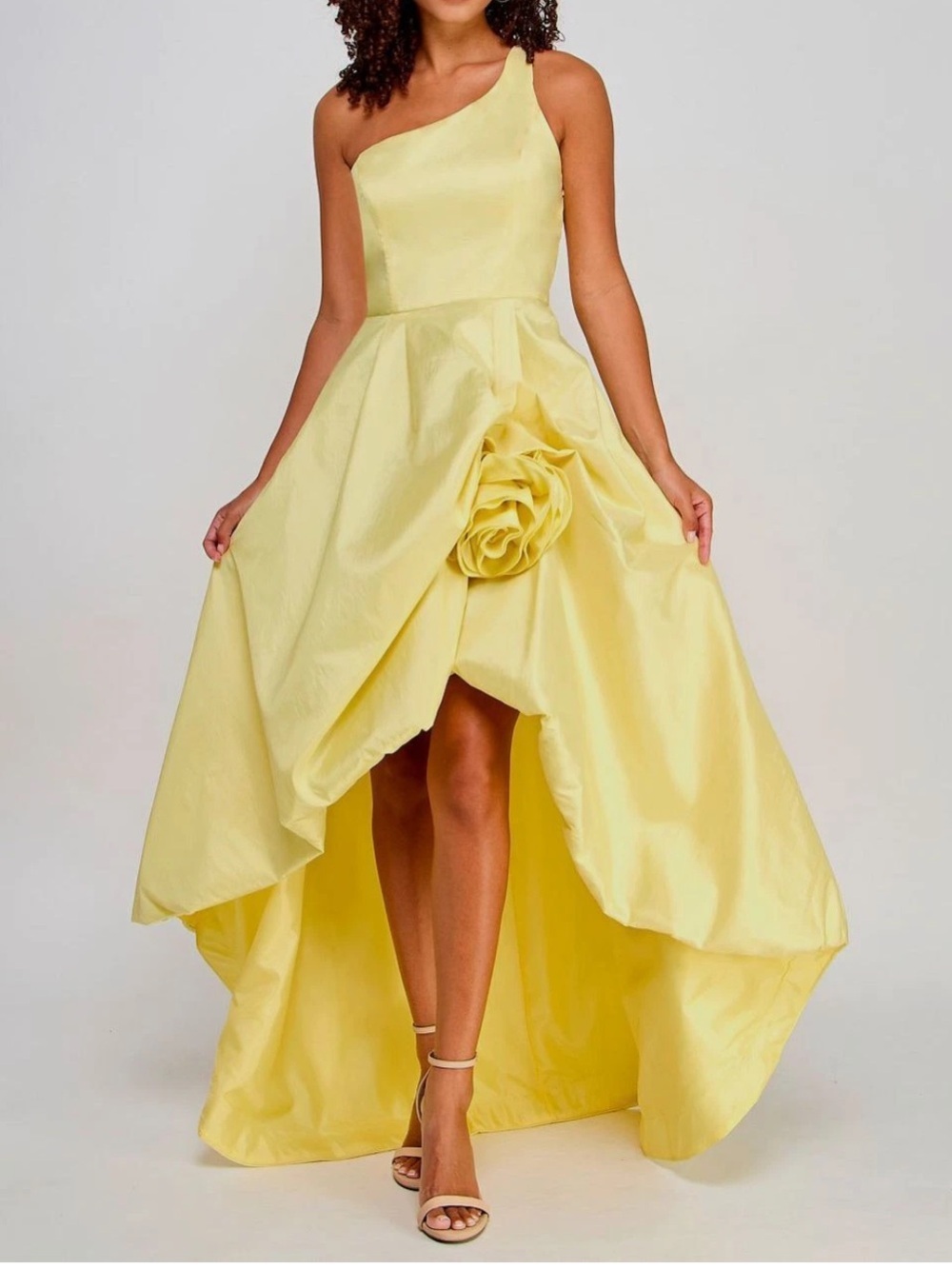 Asymmetric One-Shoulder Yellow High-Low Prom Dress with Rosette